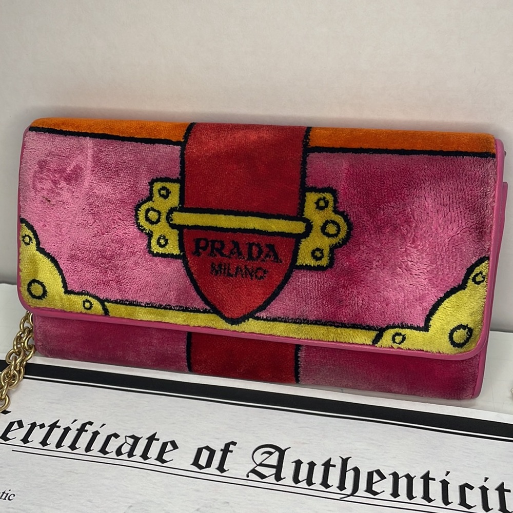 Authentic PRADA cahier pink velvet clutch wristlet bag with card and COA